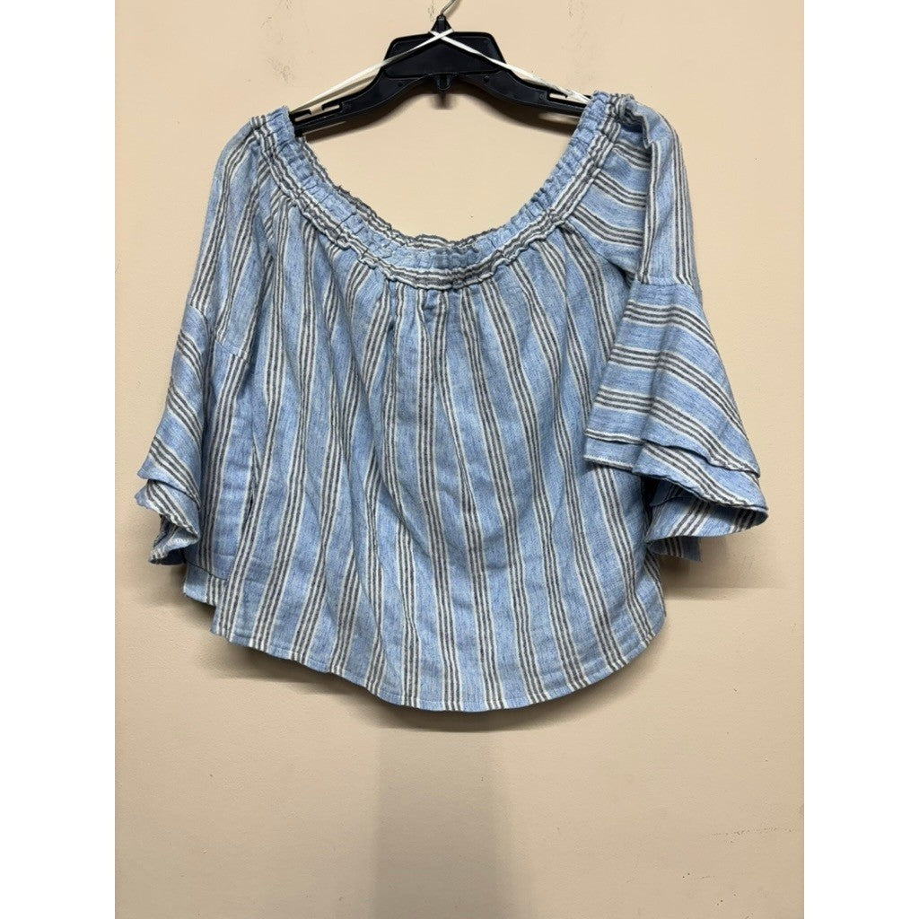 Lucky Brand Blue Stripe Off Shoulder Peasant Top Womens Small Boho Summer Blouse