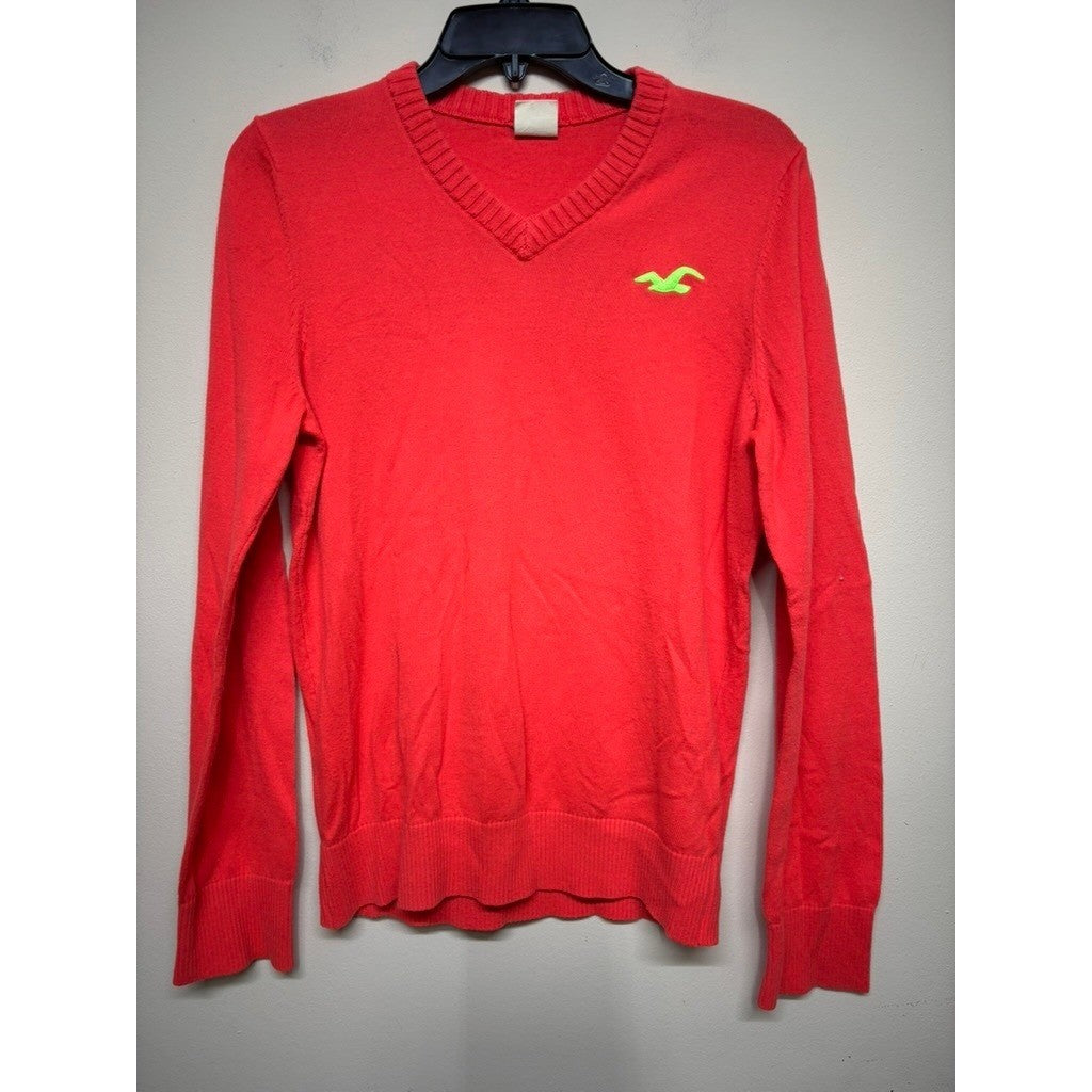 Hollister Y2K Red V-Neck Sweater Women's Medium Logo Knit Cotton Blend Pullover