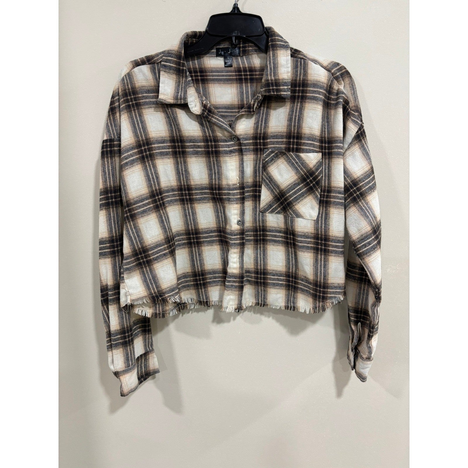 J for Justify L Brown Cream Plaid Cropped Flannel Shirt Grunge Boho
